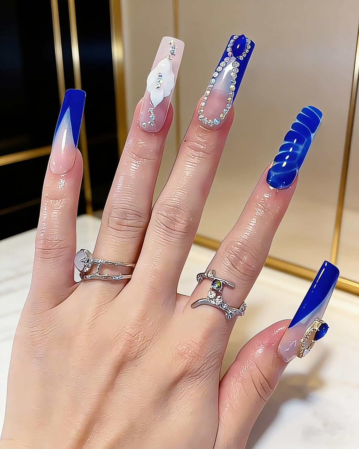 CAMILCY Luxury Handmade Coffin Press on Nails Long Length Blue Water Ripple Gem Flower Design Glossy Full Cover Acrylic Fake Nails for Women 10pcs (B22, M)