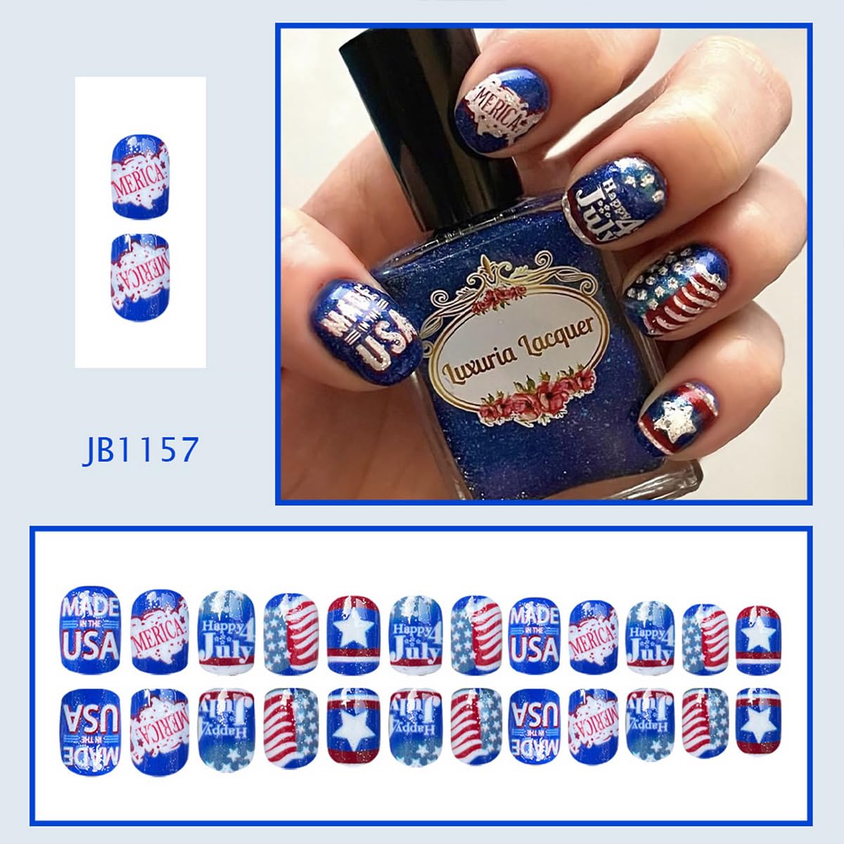 24Pcs Independence Day Press on Nails Short Square Fake Nails American Flag Star Letters False Nails with Happy 4th Of July Design Blue Glitter Glue on Nail Patriotic Stick on Nails for Women Manicure