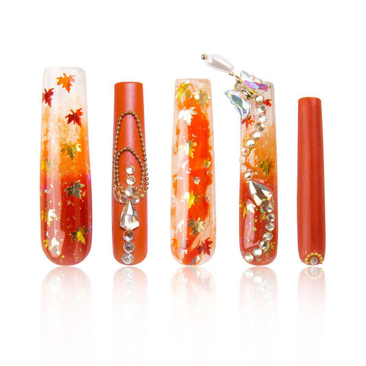 LOVFUL Press on Nails Fall | Handmade with Full Covered Crystals | Reusable Full Cover Nails | Square Long 2.2 in | H77-S