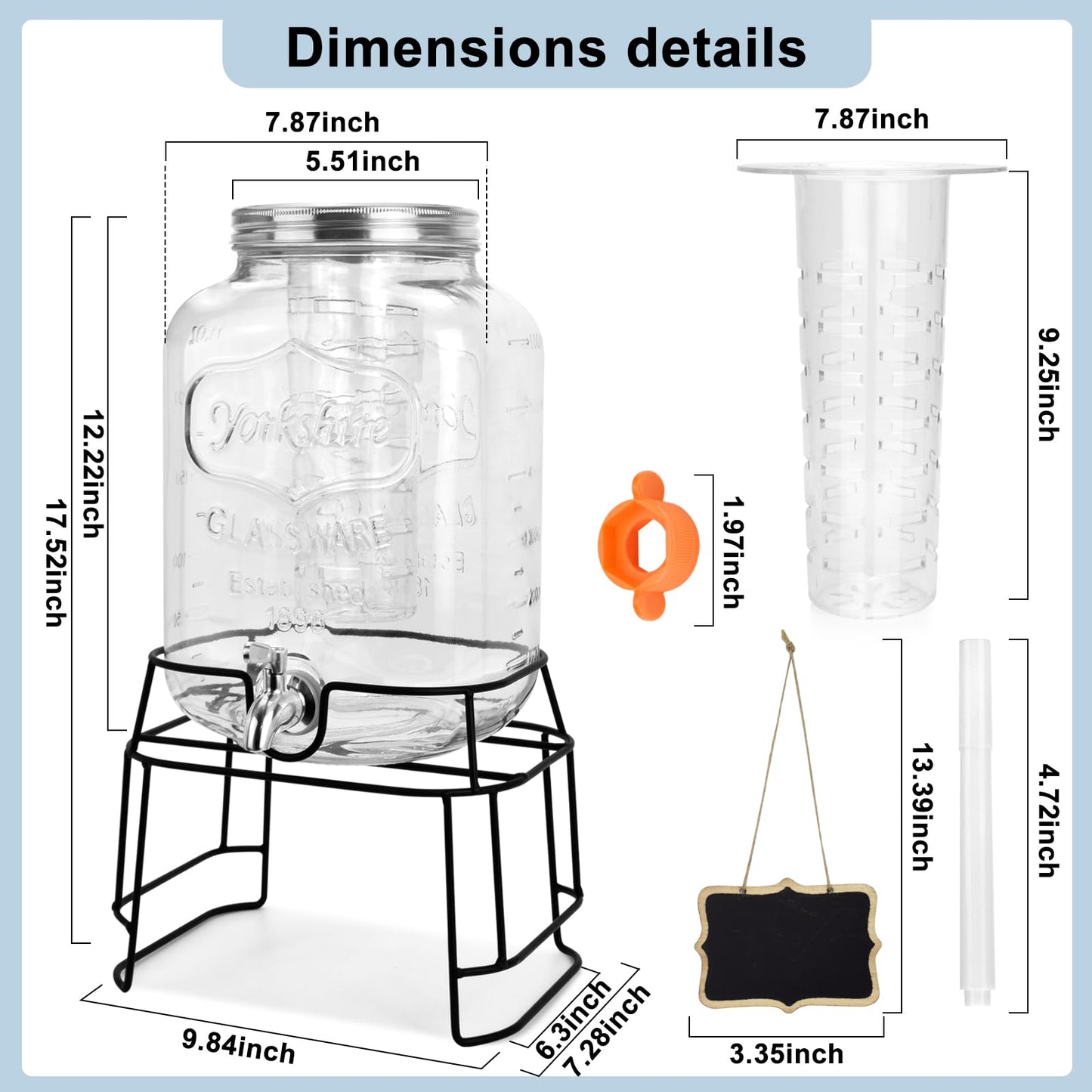 2 Gallon Glass Drink Dispensers For Parties,Beverage Dispensers With Stand And 100% Leakproof Stainless Steel Spigot.Glass Water Jug Dispenser,Lemonade Dispenser,Mason Jar.