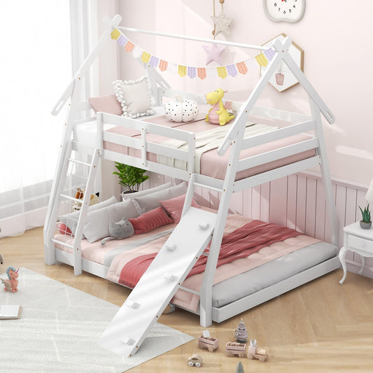 KOMFOTT Wood Twin Over Queen House Bunk Bed, Playhouse Floor Low Bunk Bed with Climbing Nets & Ramp, Space Saving Solid Wood Bunk Bed Frame with Safety Guardrails, Not Box Spring Required (White)