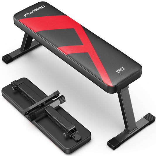 FLYBIRD Foldable Flat Weight Bench For Home Gym, Sturdy Strength Training Workout Bench, Space-saving Bench Press Flat Exercise Bench, Easy to Assemble (A-Red)