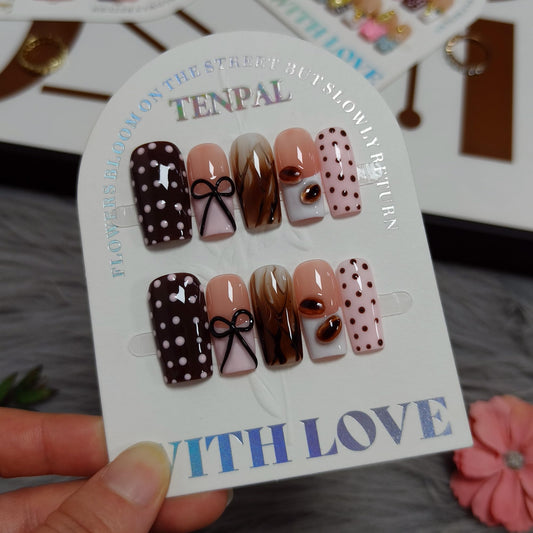 TENPAL Pink Coffee French Tip Press on Nails Medium Square, Polka Dot Ombre 3D Coffee Bean Cute Sweet Girly Reusable Salon False Nails for Daily Wear 10PCS(M)