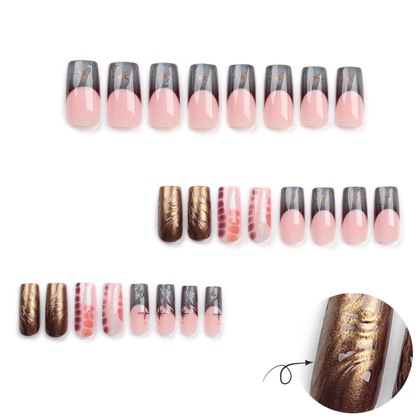 CTTHNBD Long Press on Nails Square - Brown Fake Nails with Water Wave Design - French Tip Stick on False Nails - for Women 24 Pcs
