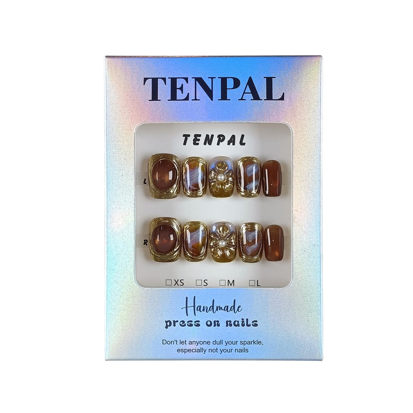 TENPAL Handmade Short Square Press on Nails with Kit,Golden Brown Chrome Hand-Sculpted Toffee Blooms & Gilded Edge Designs Glue on Nails,Glossy Sunset Metallic Cat Eye Fake Nails for Fall Winter(S)