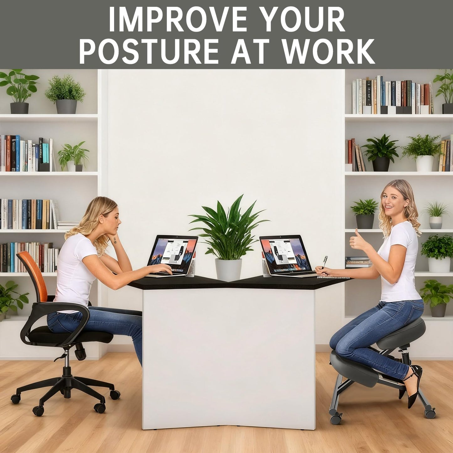 PU Leather Ergonomic Kneeling Chair, Adjustable Home and Office Stool with Thick Pads and Flexible Lockable Brake Wheels for Back Pain Relief（Dark Gray）