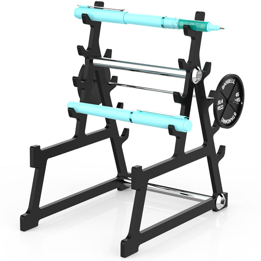 CAREMORA Metal Squat Rack Pen Holder with 8 Slots Mini Metal Barbell & Plastic Weight Blocks Holder Mini Barbell Desk Toy Funny Office Decor for Men Women Cool Pen Holder Gifts for Men (Black)