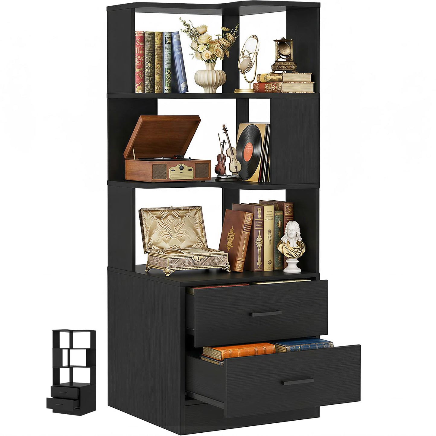 Armocity Corner Bookshelf with Drawers, 6 Tier Corner Book Shelf Display Bookcase, Freestanding L Shaped Bookshelf for Bedroom, Living Room, Home Office, Black