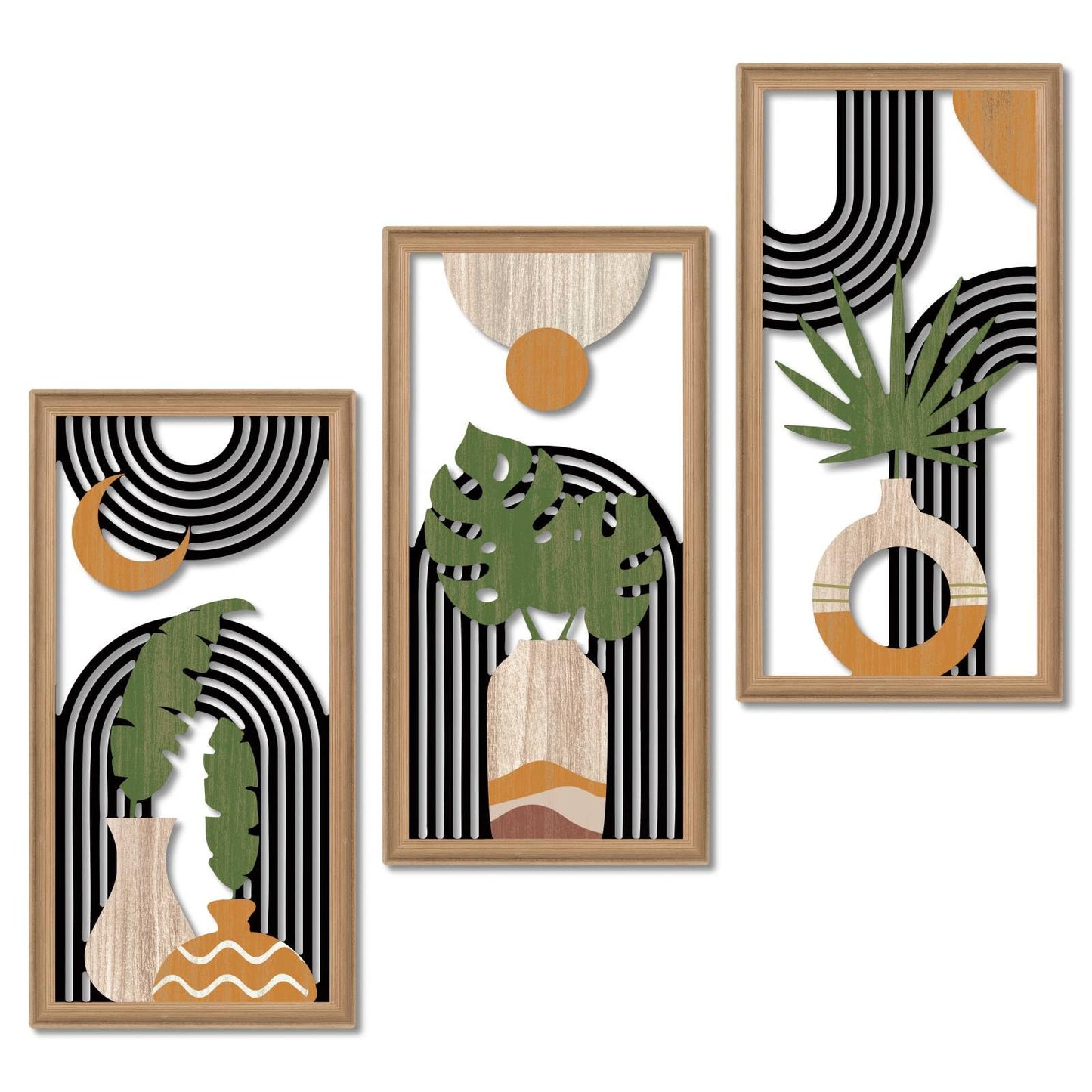 Putuo Decor Boho Abstract Wall Art Set of 3, Modern Minimalist Wooden Wall Decor, Geometric Aesthetic Botanical Artwork, Mid-Century Modern Design for Living Room, Bedroom, Office, Black 16.5 x 8.6