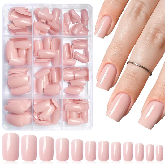 LoveOurHome 240pc Nude Press on Nails Medium Square Fake Nails, Nude Glue on Nail Press ons Square Nail Tips False Nails Presson Artificial Fingernails with Adhesive Tabs for Women Girls