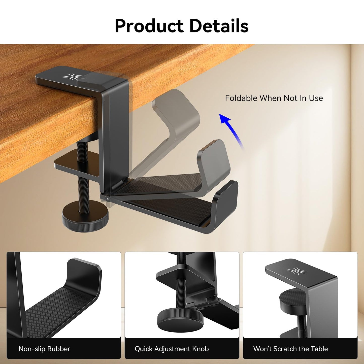 OneOdio MTL99 Foldable Headphone Stand, Metal Headset Holder Space-Saving Table Hook, Clamp-on Under Desk Hanger, Universal Fit Gaming Headphones Mount, Black
