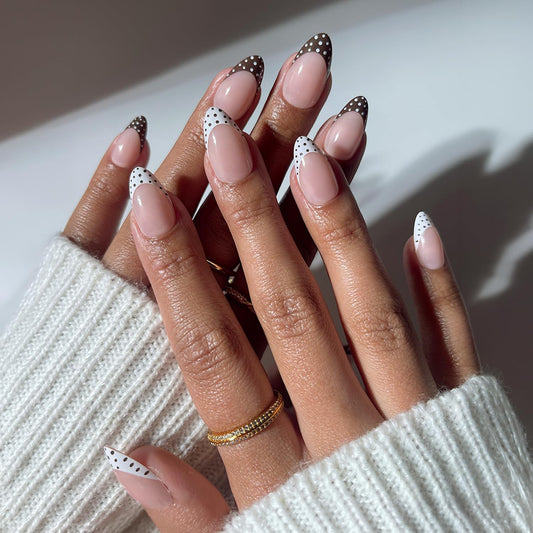 Glamnetic Press On Nails - Short Almond Fake Nails with Polka Dot French Tips, Glossy Finish | Salon Quality | Vacation Nails | Polka in Positano | 15 Sizes - 30 Nail Kit with Glue