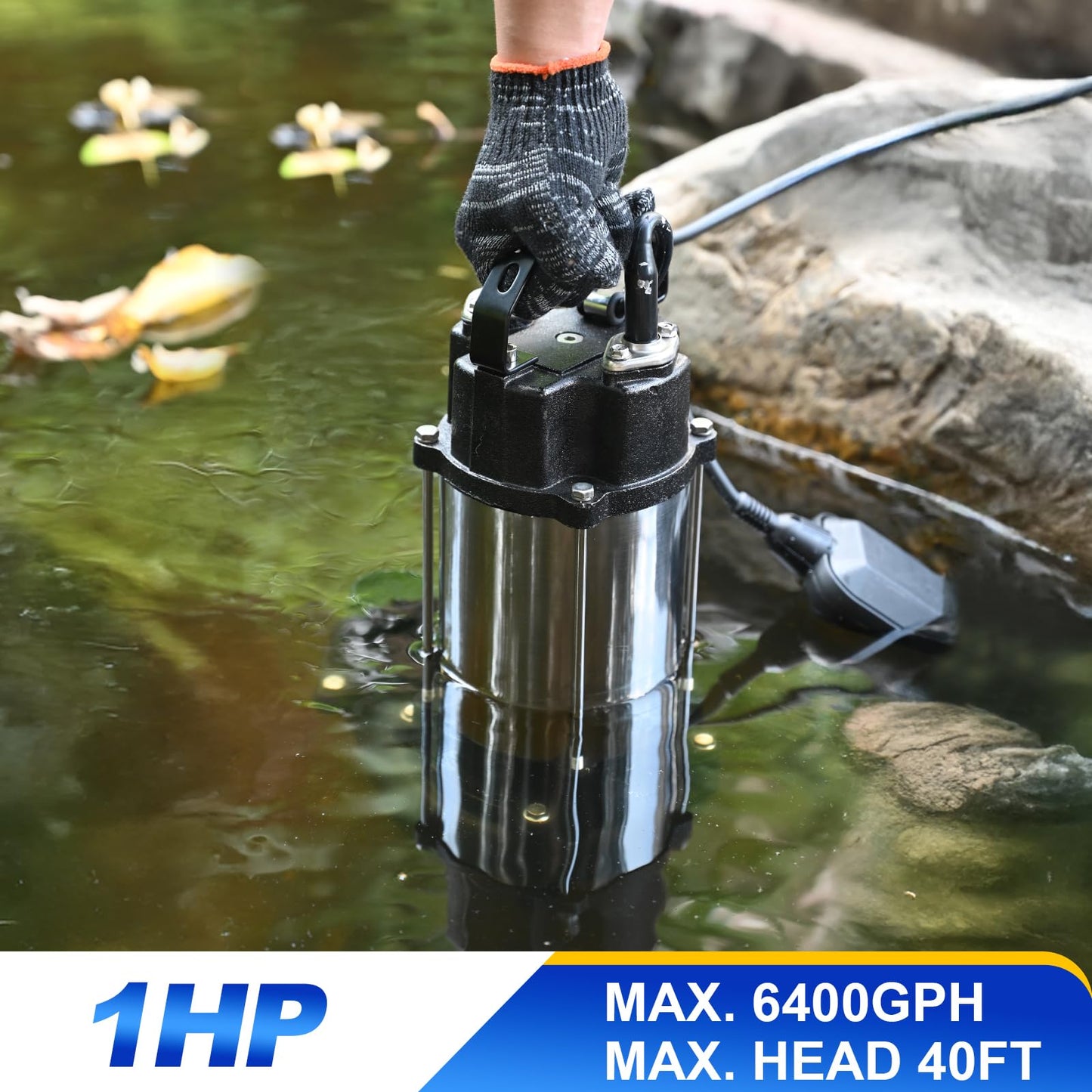 1HP Sewage Sump Pump, 110v 6400GPH Sewage Grinder Pump, Stainless Steel, Automatic Float Switch, Cast Iron Impeller, 2'' Npt Discharge, Submersible Sewage Pump for Basement, Sump Basin, Residential
