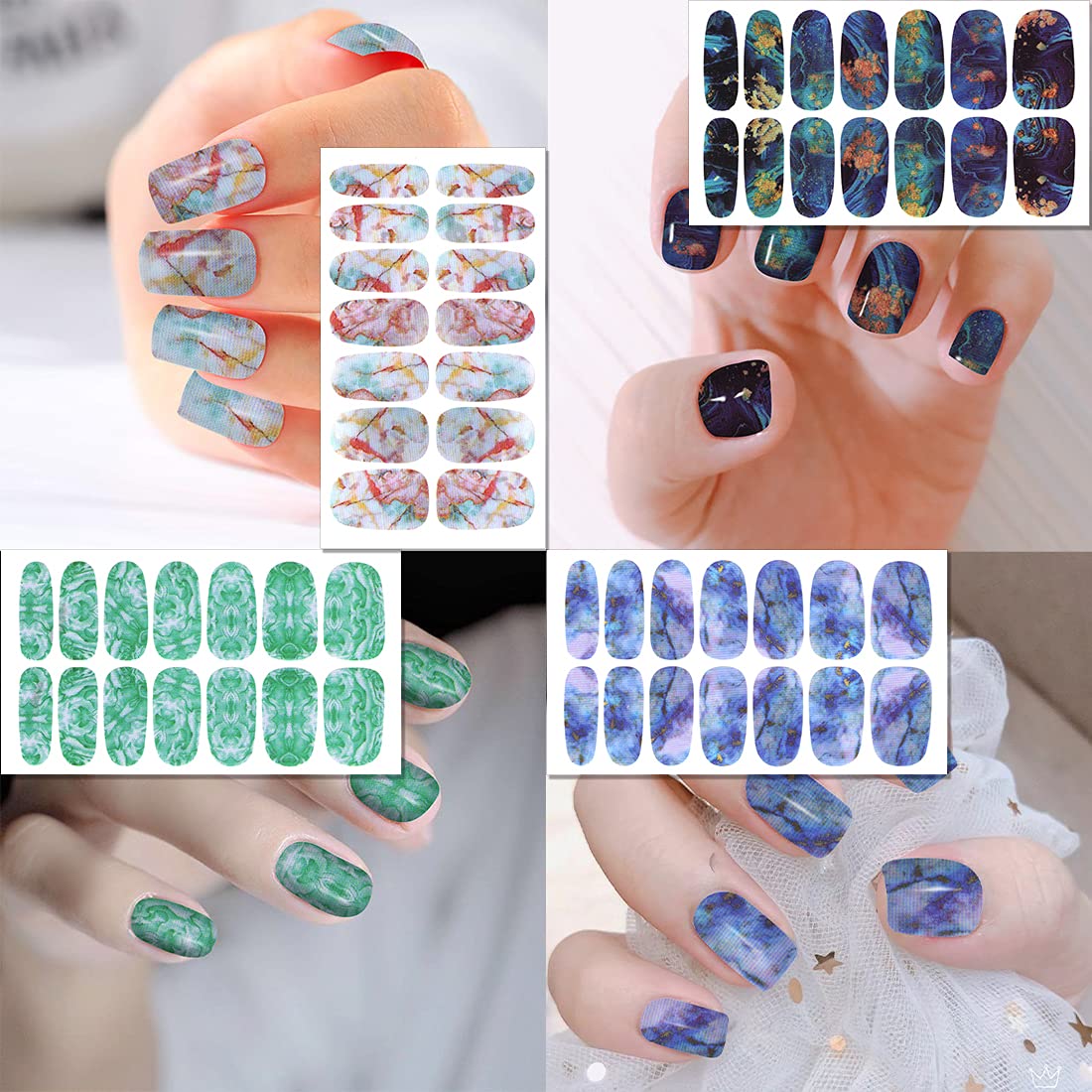 XEAOHESY 30 Sheets Gradient Color Marbled Nail Polish Strips Stickers Self-Adhesive Press On Nail Stickers Full Nail Wraps for Women Nail Art with Nail File