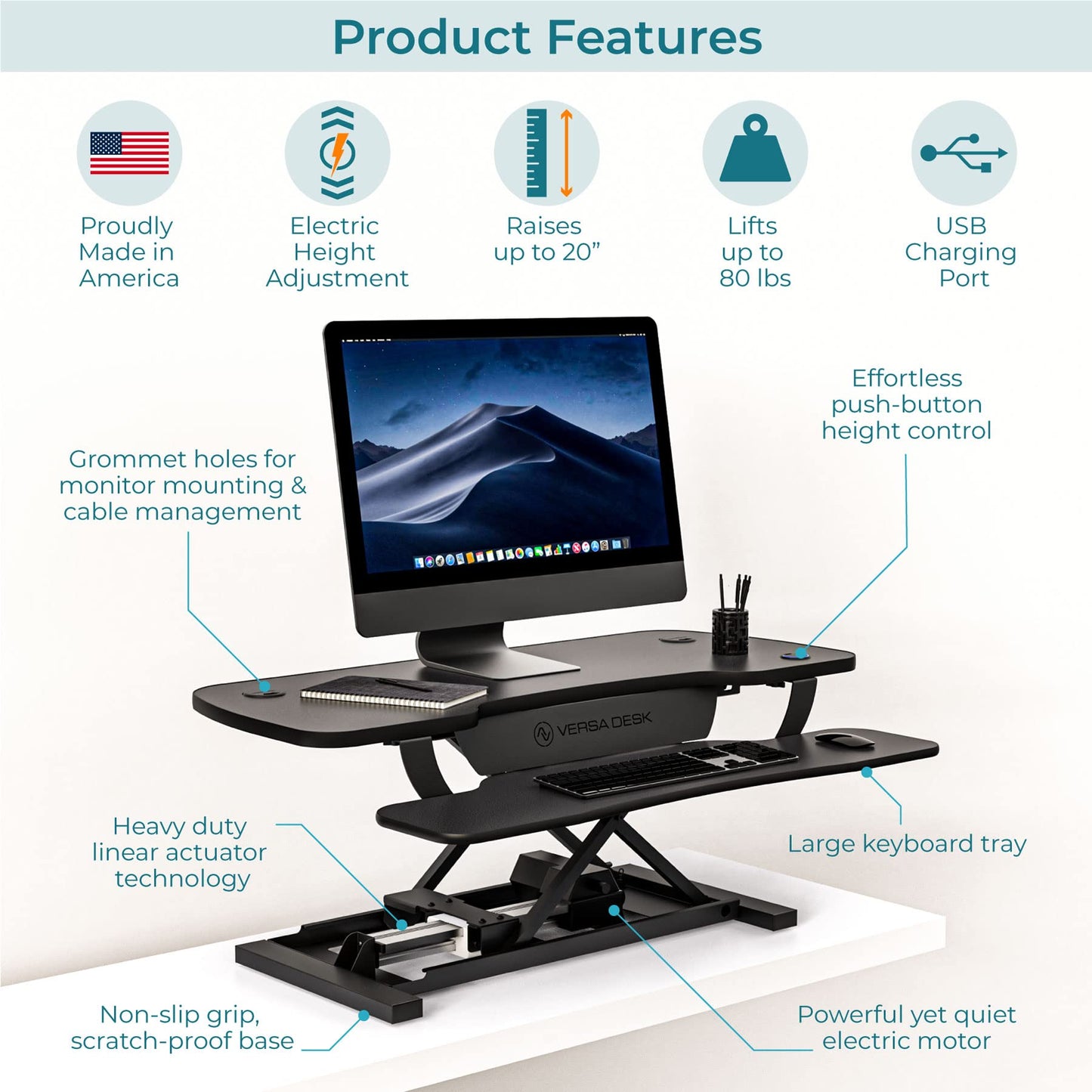 VERSADESK® PowerPro™ 40” x 24” Standing Desk Converter | 40 inch Electric Height Adjustable Sit to Stand Desk Riser w/ Keyboard Tray & USB Hub - Ergonomic Workstation for Home & Office, Black