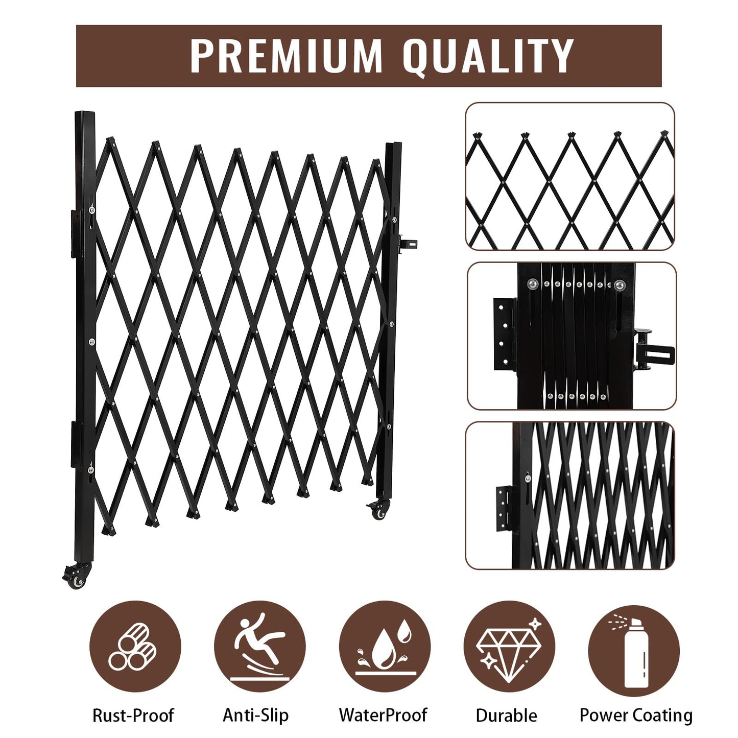 MERXENG Single Folding Security Gate 67" h x 71" w, Steel Expandable Fence with 360° Rolling Wheels for Courtyard, Garage, and Garden Access Control