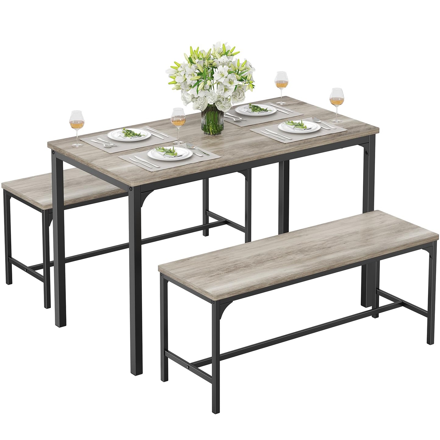 DUMOS Dining Table Set, Dining Table for 4 with Bench,Kitchen Table, Space-Saving Ideal 4-Person Set for Dining Room Kitchen Apartment Corner Grey 3 Pack