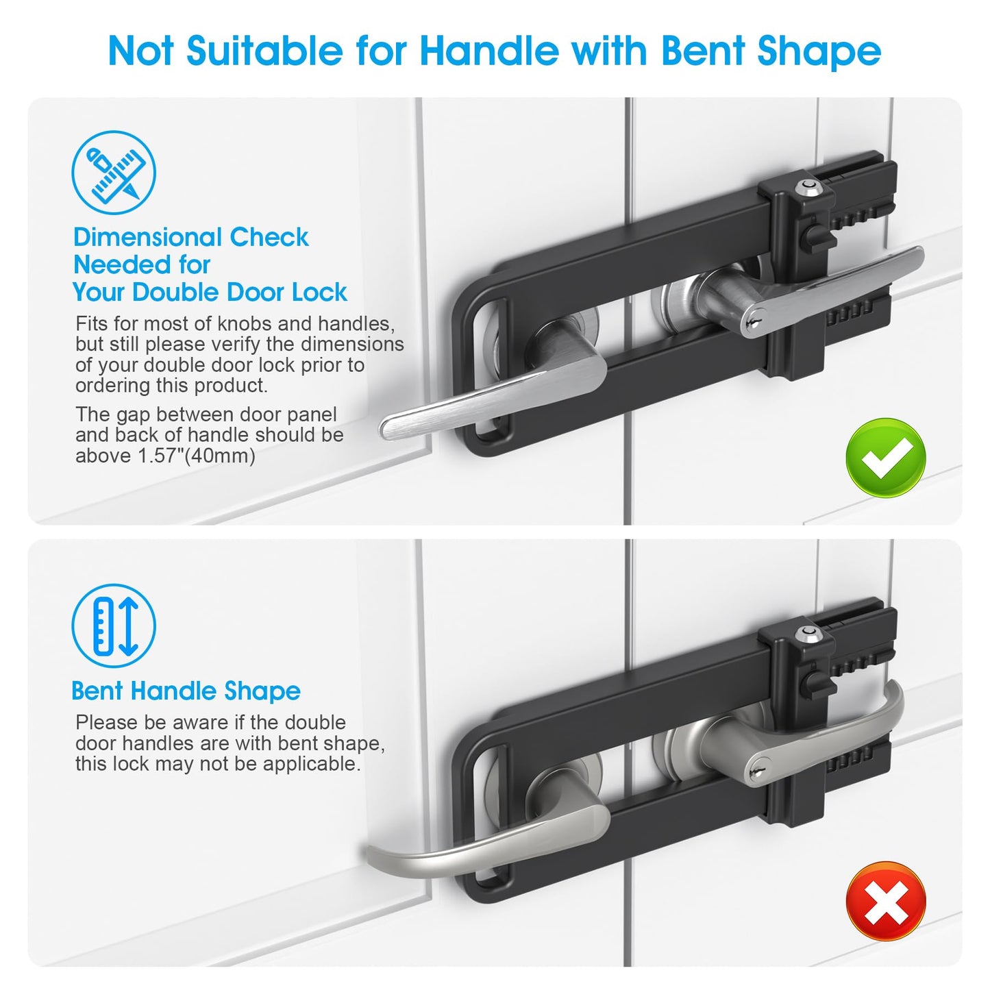 AST Double Door Security Lock, Keyed French Door Lockout Device, Reinforcement Lock for Knobs and Handle, Prevent Kick Ins, Childproof, Kids Proof Barricade (Matte Black with Snib and Cylinder)