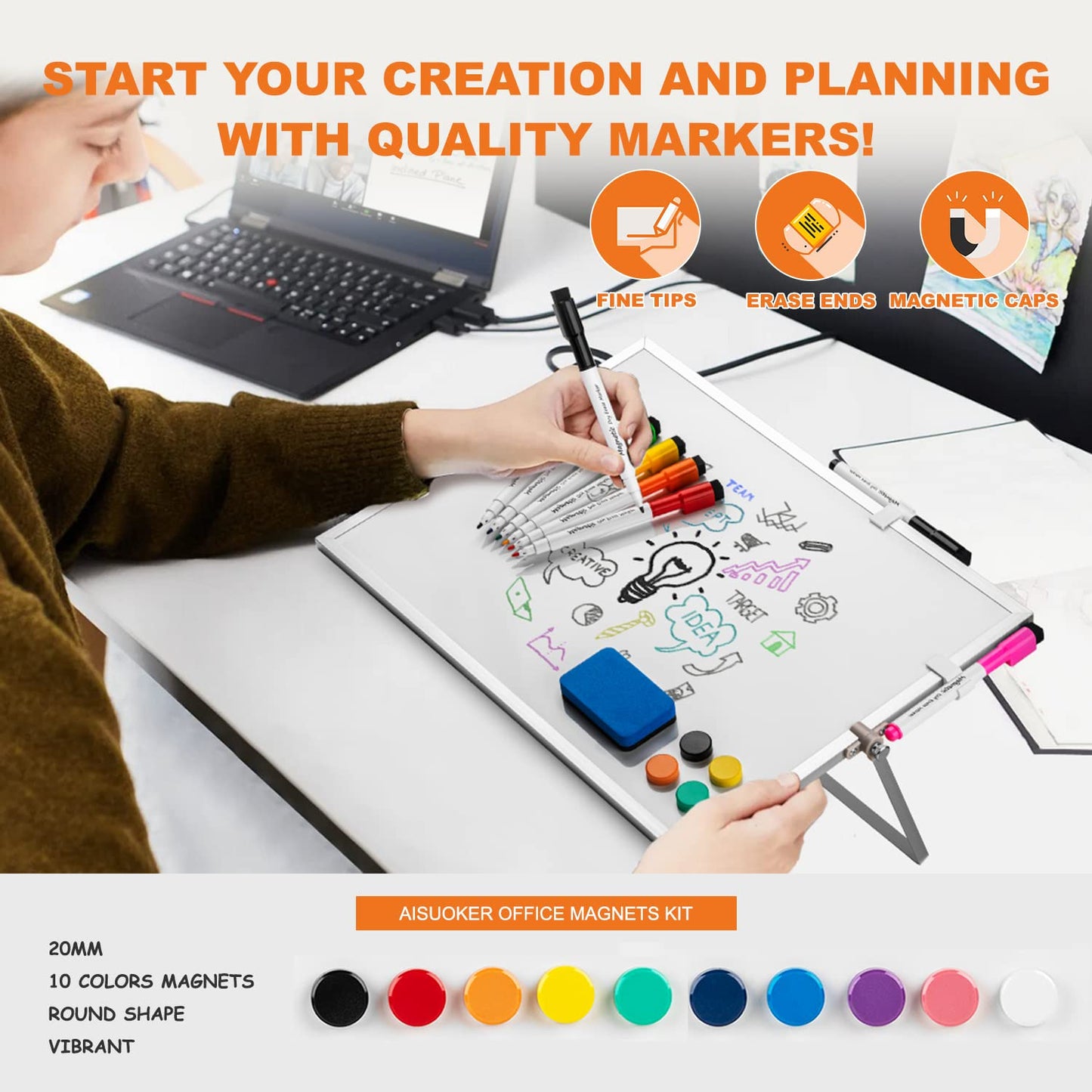 Dry Erase WhiteBoard, Aisuoker 16 x 12inch Magnetic Desktop Whiteboard with Stand, 10 Markers, 10 Magnets and 1 Eraser, Portable Double-Sided White Board for Kids Drawing Memo to Do and List Wall