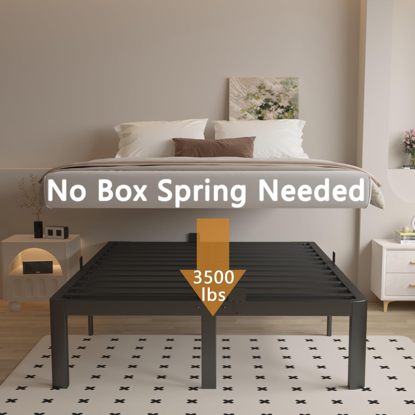 KOSOSO 16 Inch Bed Frame Queen Size with Metal Gaskets, Black Queen Platform Bed Frame No Box Spring Needed, Heavy Duty Steel Support, Round Corner Design, Storage Space, Noiseless, Easy Assembly