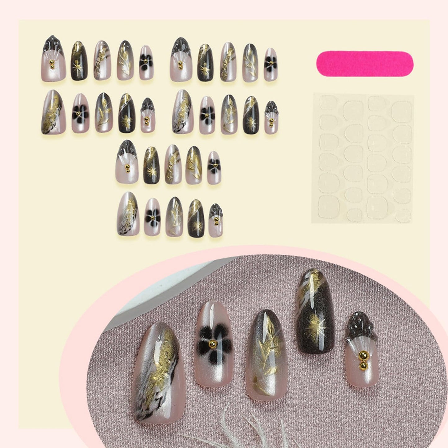 Marble Texture Gold Foil Press on Nails Medium Almond Fake Nails 3D Golden Leaf Star False Nails Cute Flower Acrylic Nails French Tip Glue on Nails Glitter Full Cover Stick on Nails for Women 30Pcs