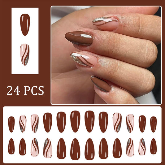 24 PCS Brown Irregular Line Glitter Press on Nails with Curve Line Design Glossy Brown Glitter False Nails Medium Almond Fake Nails Sparkly Gold River Acrylic Stick on Nails for Women Girls Manicure