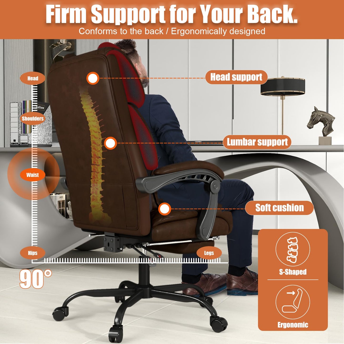 Ergonomic Office Chair with Footrest, 400lbs High Back Executive Home Office Computer Chair with Unique Ear-Shape Headrest for Neck Support,Coffee Leather Office Chairs for Home Office Work
