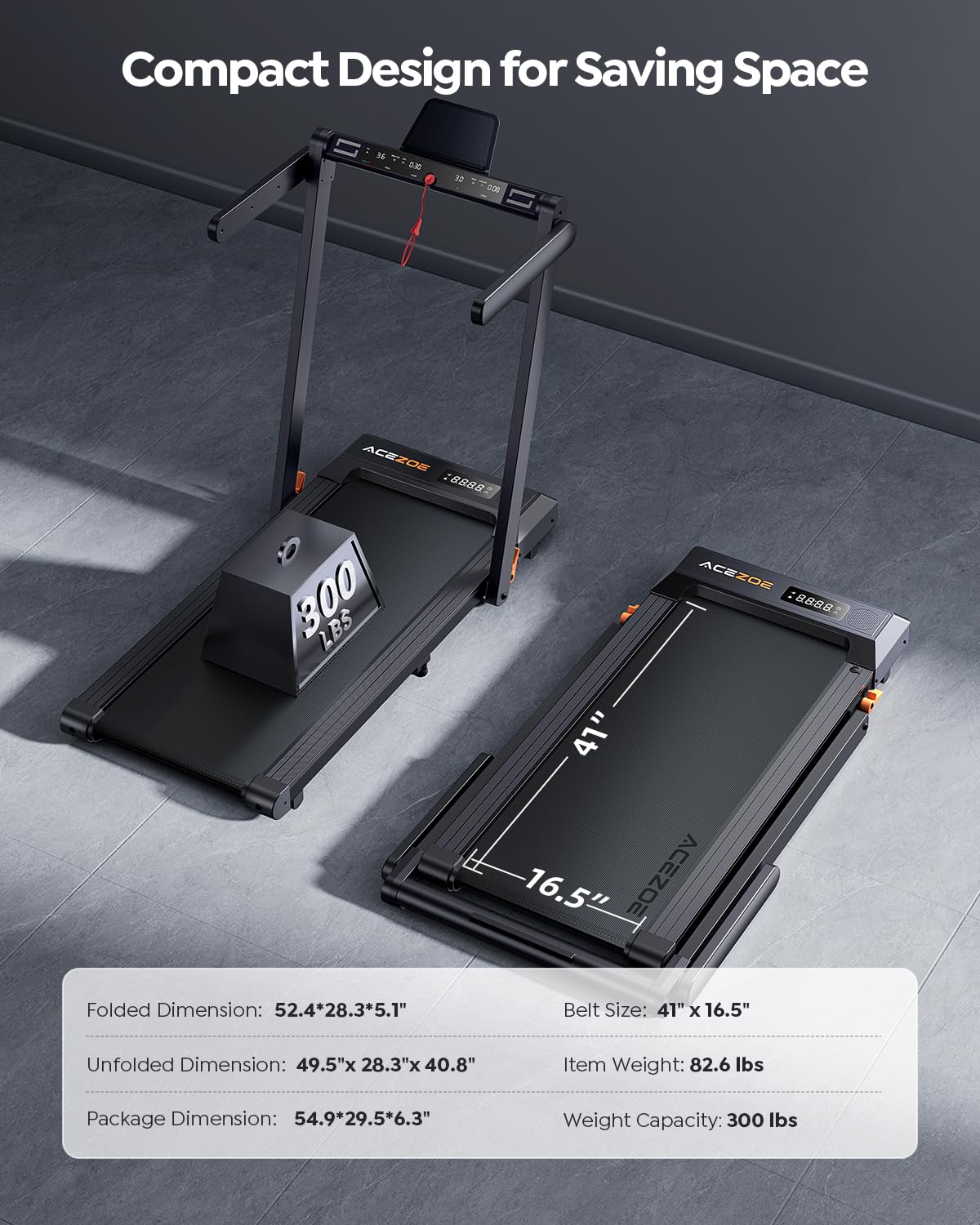 Acezoe Foldable Treadmill with 10% Incline, 2.5HP Walking Pad with Handle Bar, 300 lb Capacity Treadmills for Home/Office, Under Desk Treadmill with App & Speaker, 0.6-10MPH P10Pro Black