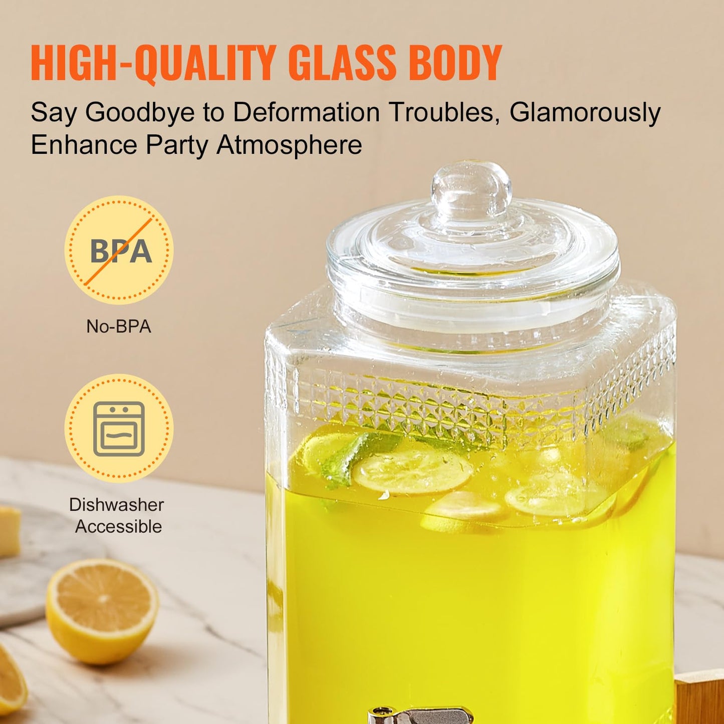 VEVOR Beverage Dispenser, 1.5 Gallon Drink Dispensers for Parties, Glass Juice Dispenser with Stand, Stainless Steel Spigot, Iced Tea Lemonade Juice Water Dispenser, for Restaurants, Hotels, Parties