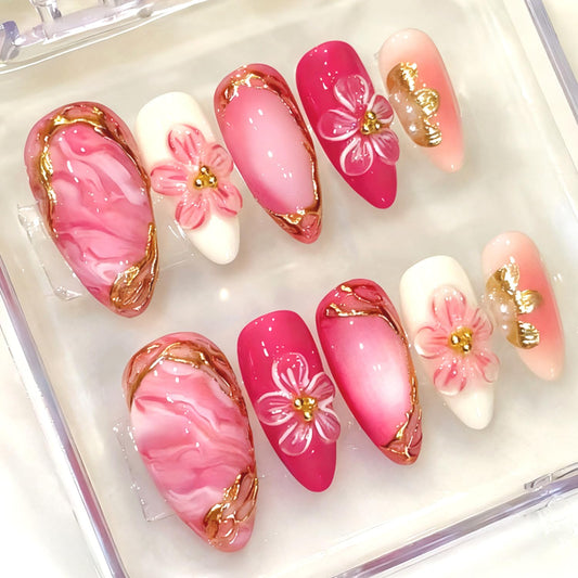 30pcs French Tip Press on Nails Medium Almond Fake Nails with 3D Flower Gold Beads Designs Lrregular Gilded Floral False Nail Cute Acrylic Nails Kit Pink Full Cover Glue on Nail for Women DIY Decor