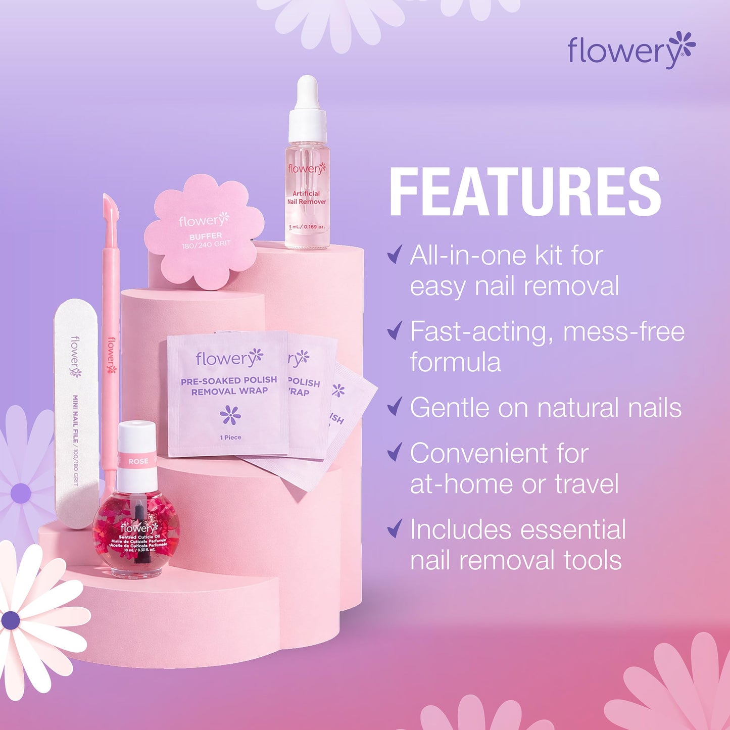 Flowery Pro Artificial Nail Removal Kit – Gel Nail Polish Remover Kit with Rose Cuticle Oil, Buffer, Mini Files, & Pre-Soaked Polish Wraps, DIY Manicure Set
