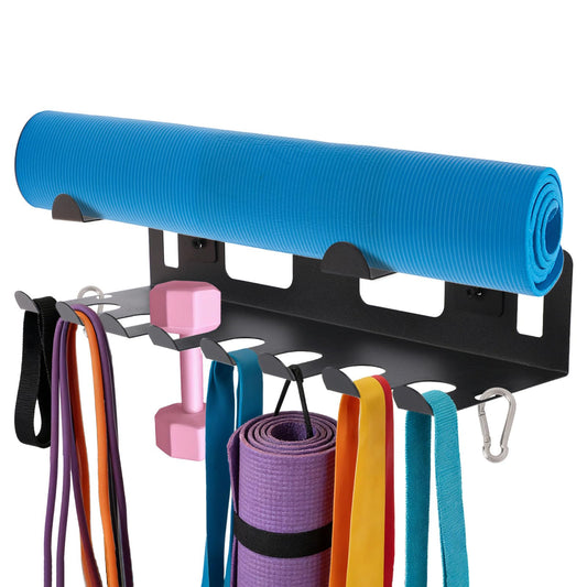 Multi-Purpose Gym Equipment Storage Rack, Heavy Duty Wall Mount Home Gym Organization with Carabiner for Resistance Bands Yoga Mat Jump Ropes Weight Belts Straps
