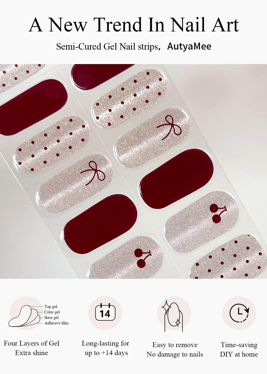 AutyaMee Semi Cured Gel Nail Strips (Bow Cat Eye), Valentine's Day, 20 Pcs Gel Nail Wraps, Stickers, Salon Quality, Works with Any UV Lamps