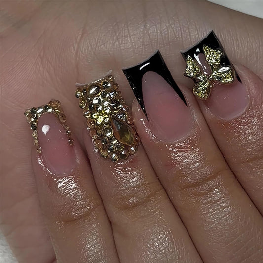 BABALAL Press on Nails Short Black Gold Fake Nails Square Glue on Nails French Tip Rhinestone Luxury Acrylic False Nails with Bow Charm Bling Gel Nails 24Pcs Handmade Squoval Nails for Women Girls