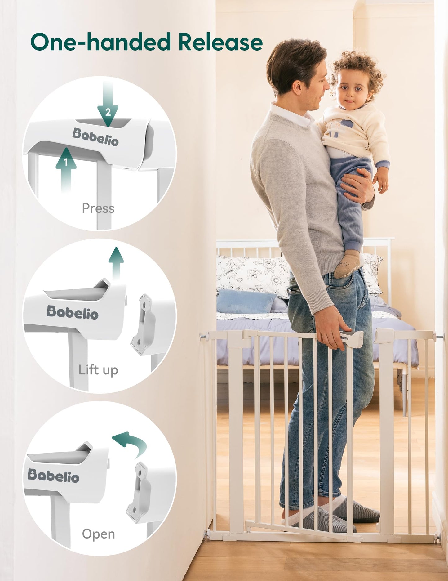BABELIO Safety Gate Door Fits for Stairs, Narrow and Wide Doorways with Auto Close, Easy Install, No Drilling, Pressure Mounted for Baby, Child, Pets, Dog/Puppy, 26''-40'', White