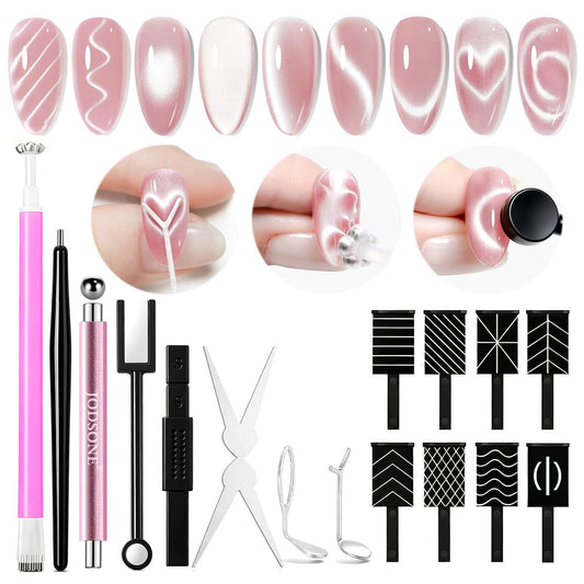 JODSONE Cat Eye Magnet Set for Nails,17PCS CatEye Magnet Tools for Cat Eye Gel Polish,Nail Art Magnet Kit with 3 in 1 Magnetic Pen,Heart French Black Hole Guides for DIY Salon