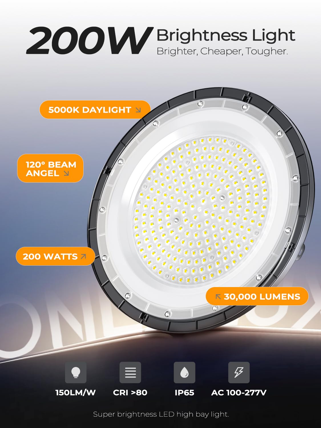 ONLYLUX 200W UFO LED High Bay Lights, 30000LM LED Shop Lights & Garage Lights, IP65 Waterproof 5000K Daylight, Industrial for Warehouse Factory Gym Barn (10 Pack)