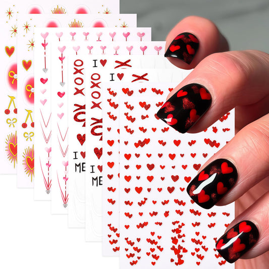 8Pcs Heart Nail Stickers Glitter Shiny Love Nail Decals 3D Self Adhesive Pearl Bow Cherry Nail Art Stickers Valentines Day Red Ombre Gold Hearts Designs Pink Heart French Line Nail Supplies for Women