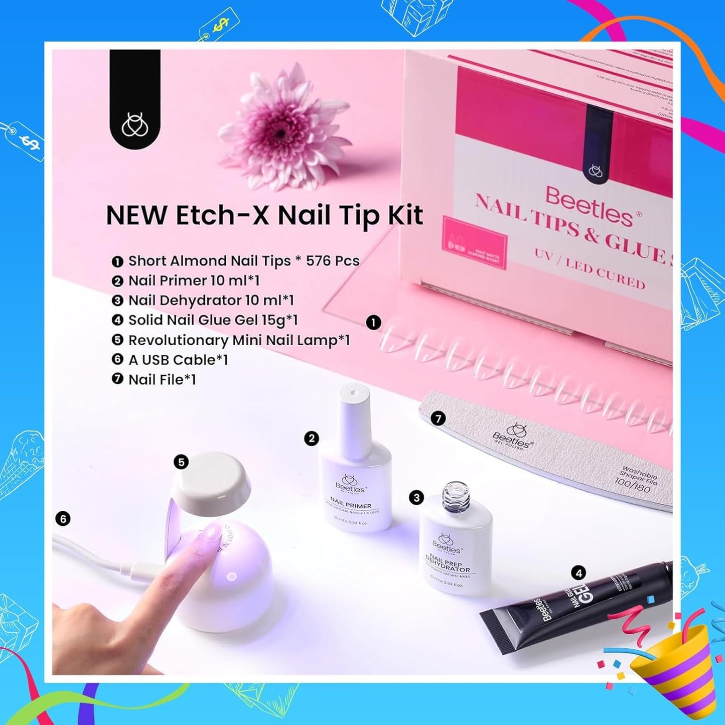 Beetles Gel Nail Kit Short Almond Gift Spree, with Dehydrator and Primer, 576Pcs Half Matte Etch-X Gel Nail Tips Solid Nail Glue Mini Lamp Acrylic Tips Easy DIY Extension Set Gift for Women
