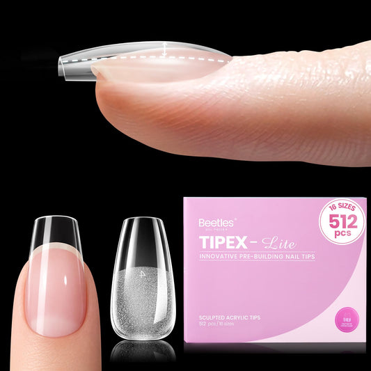 Beetles Tipex Lite Apex Nail Tips,Coffin Short, 512pcs 16 Sizes,Pre-Building Pre-Etched Acrylic Nail Tips for Flat Nails & Natural C-Curves Nail Beds