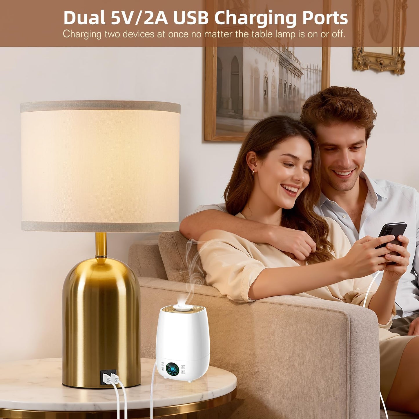 GyroVu Touch Control Table Lamps Set of 2, Gold Bedside Table Lamps for Bedroom Living Room Office, Modern Dimmable Desk Lamp for Nightstand with 2 USB Charging Ports, 2 Bulbs Included
