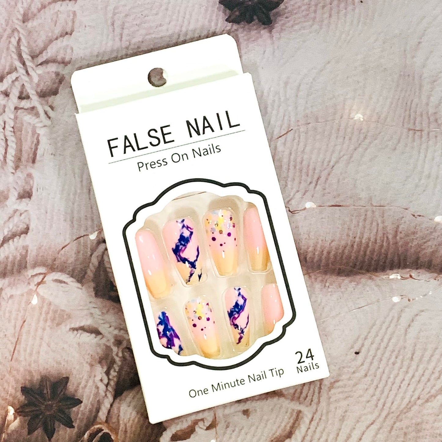 Vezocim Press on Nails Medium Square Shapes 24Pcs Glossy Full Cover Medium Acrylic Pink Square False Nails with Blue Marble Designs Artificial Coffin Fake Nails Glue ons Fingernails for Women