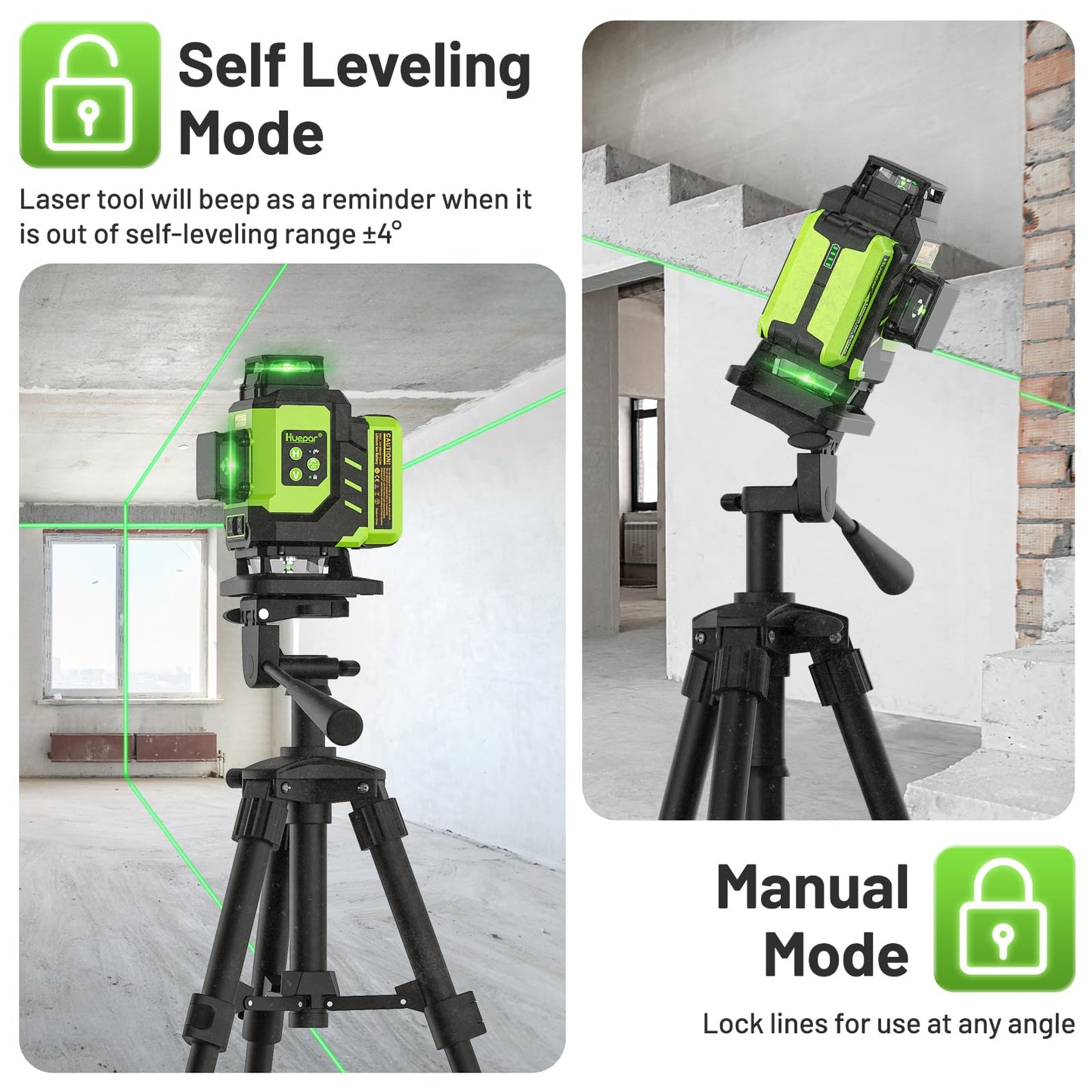 Huepar Laser Level, Self-leveling 16 Lines Green Beam 4D Cross Line Tiling Floor Laser Tool-2 x 360 Horizontal & 2 x 360 Vertical Laser Lines with Two Li-ion Batteries and Hard Carry Case-LS04CG