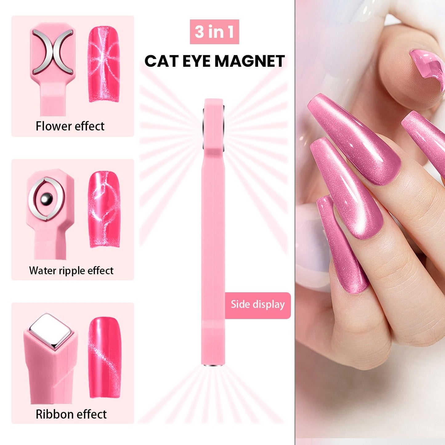 5 in 1 Cat Eye Magnet for Nails Art, 7Pcs Multifunctional Cat Eye Gel Nail Polish Magnet Stripe Nail Magnet Wands for Nails Cat Eye Nail Design Tools Nail Art Accessories(Pink)