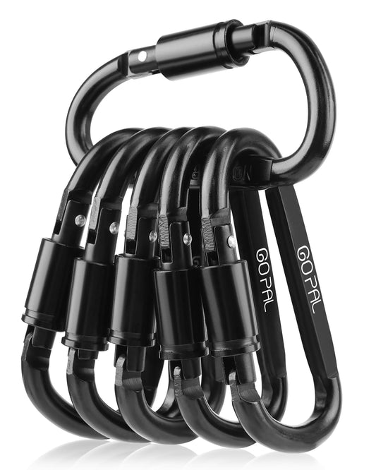 Locking Carabiner Clip：3.15" Large Carabiners Clips - 280lbs Heavy Duty Black Caribiner for Keys, Water Bottle, Backpack, Dog Leash, Travel, Aluminum Carbineers Keychain D Ring Hook 6PCS