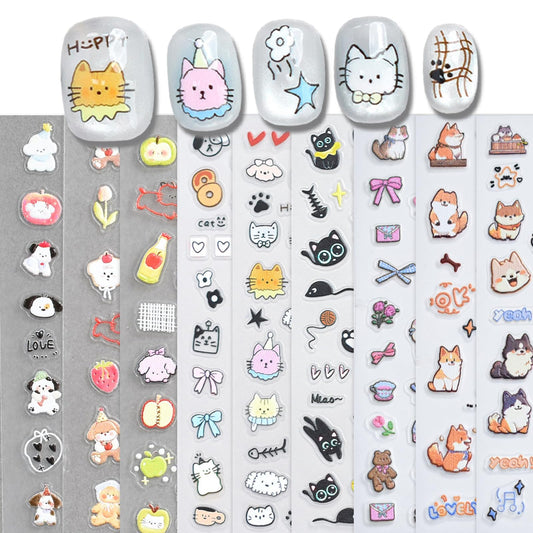 6 Sheets Cute Cat Dog Nail Stickers for Nail Art Adorable Kitty Bow Designs 3D Embossed Self Adhesive Nail Decals for Women DIY Manicure Decoration YX1234