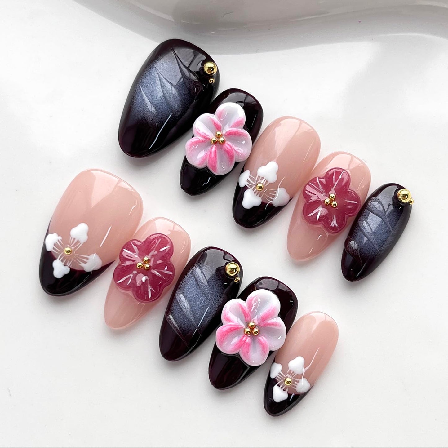 Handmade Press on Nails Almond Short 3D Floral Nails French Tip Thick Acrylic Fake Nails Purple False Nails with Pink Flower Designs Elegant Sturdy Nail Art Press on Nails 10Pcs(M)