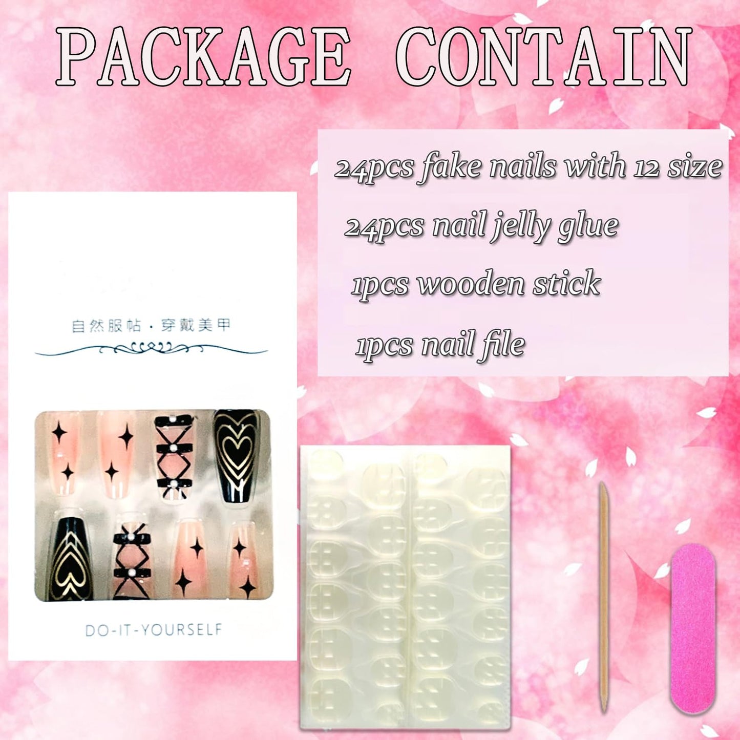 Vezocim Black Press on Nails Square Medium 24Pcs Glossy Full Cover Coffin French Tips Fake Nails with Heart Bow Pearl Designs Artificial Acrylic False Nails Fingernails Glue on Nails for Women