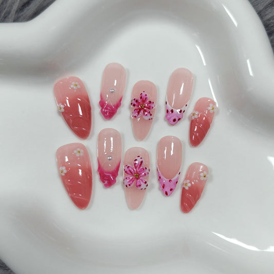TENPAL Almond Press on Nails - Pink French Ombre & 3D Texture with Polka Dot & Wave Carving, Reusable & Handmade False Nails for Spring Summer | Sweet Watercolor Style(L）