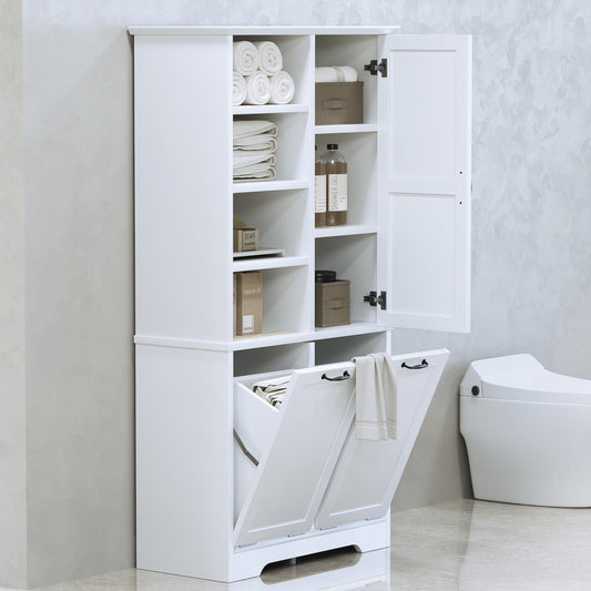 Merax Tall Storage Cabinet with Door and Open Shelf, Multi-Functional Laundry Hamper Basket for Home Bathroom, Laundry Room, White